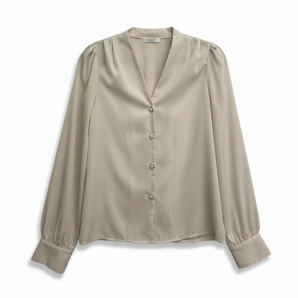 Unbranded Cream Satin V-Neck Blouse Faux Pearl Buttons Long Sleeve Pleated Top M